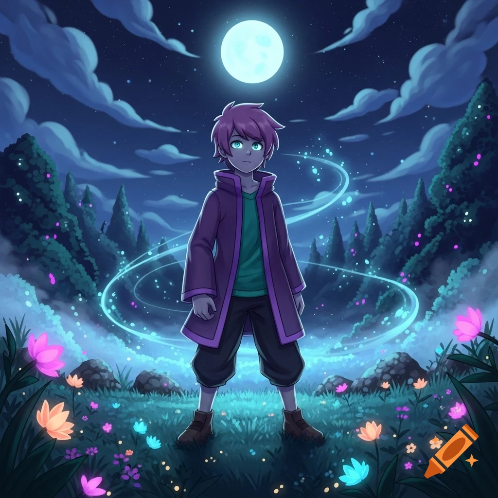Purple-haired anime character in a purple coat in a magical forest at night, glowing blue light swirls around them under a full moon.