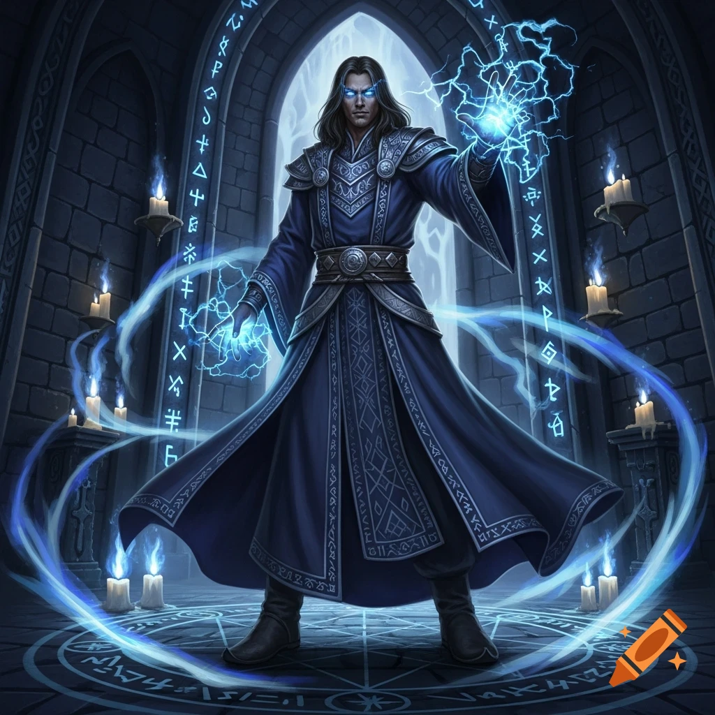 A powerful male sorcerer with glowing blue eyes casts electric magic in a dark, candlelit stone chamber adorned with glowing runes.