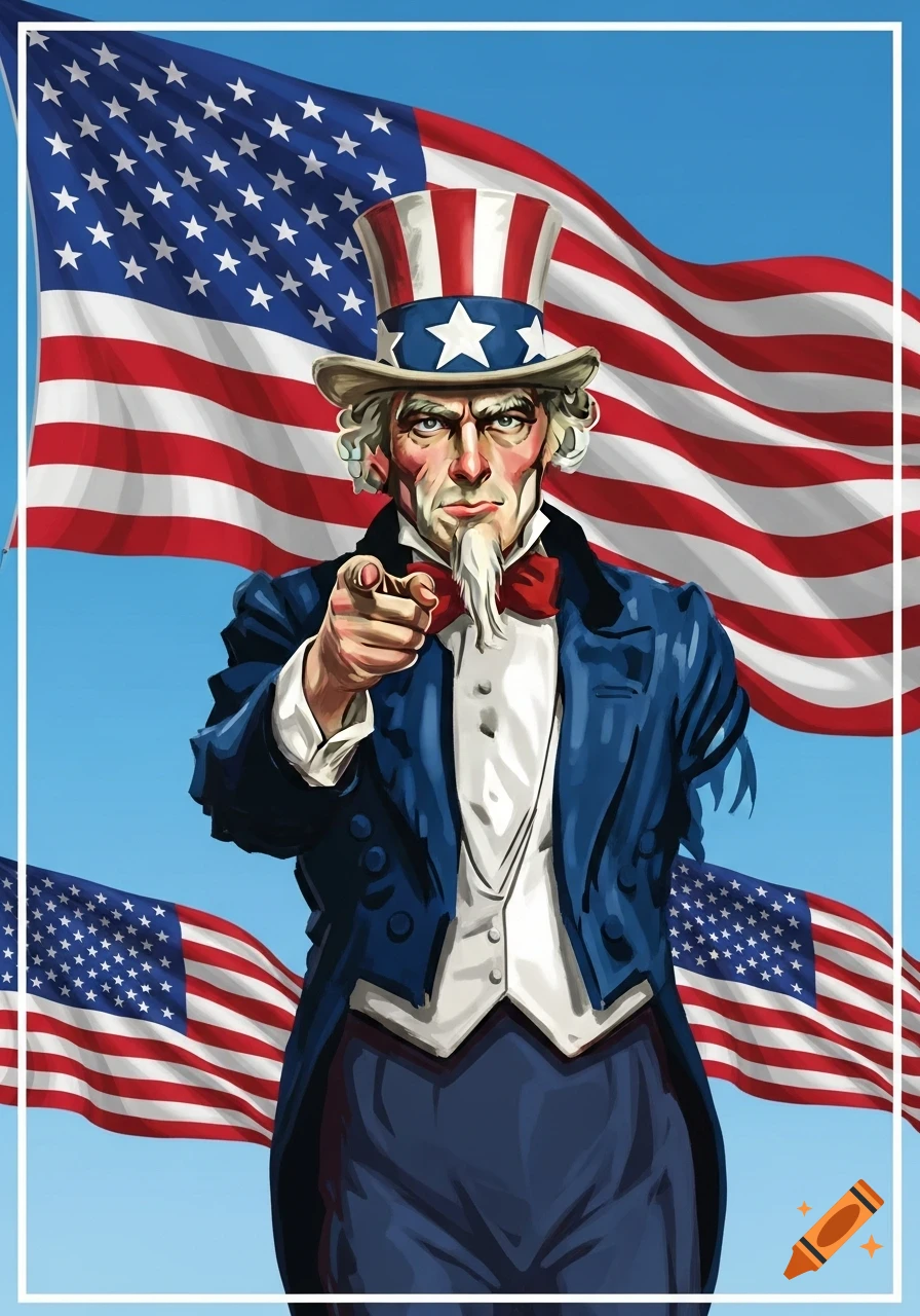 Uncle Sam pointing forward with American flags in the background, stylized illustration.