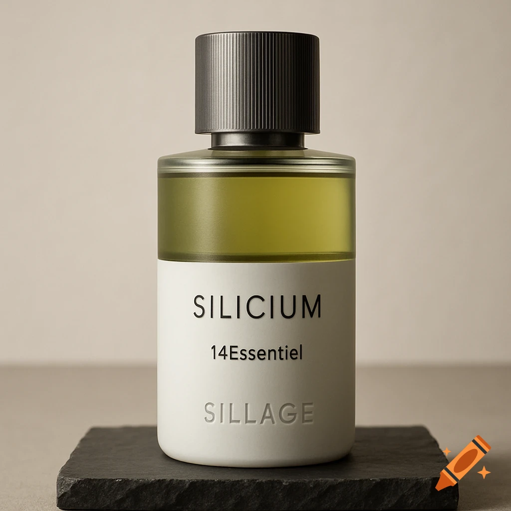 Photorealistic cylindrical perfume bottle with olive green liquid, a white label with text, and a black ribbed cap, displayed on a dark slate.