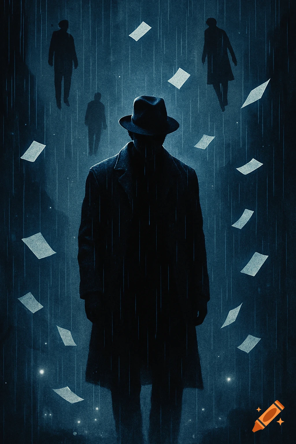 Dark, moody illustration of a silhouetted man in a fedora and trench coat standing in heavy rain with papers floating around him.