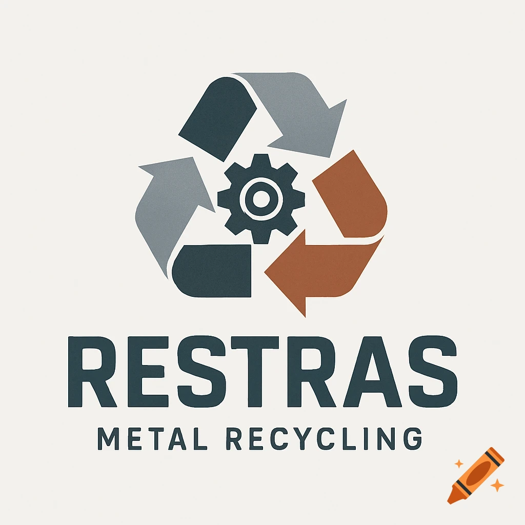 Modern logo for "RESTRAS Metal Recycling" featuring a recycling symbol with a central gear in metallic colors.