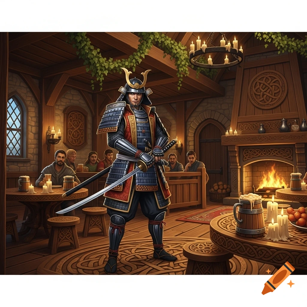 A samurai warrior in full armor stands with a katana in a medieval Celtic tavern, with patrons, a fireplace, and wooden decor.