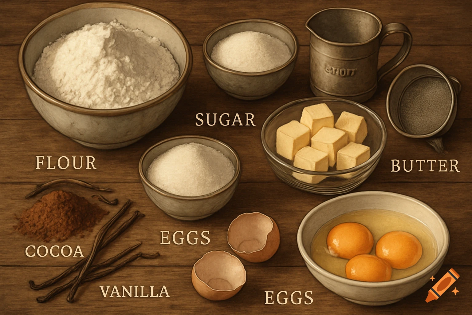 Top-down view of baking ingredients: bowls of flour, sugar, butter cubes, cocoa powder, vanilla beans, eggshells, and whole eggs in a bowl on a wooden table, each labeled.