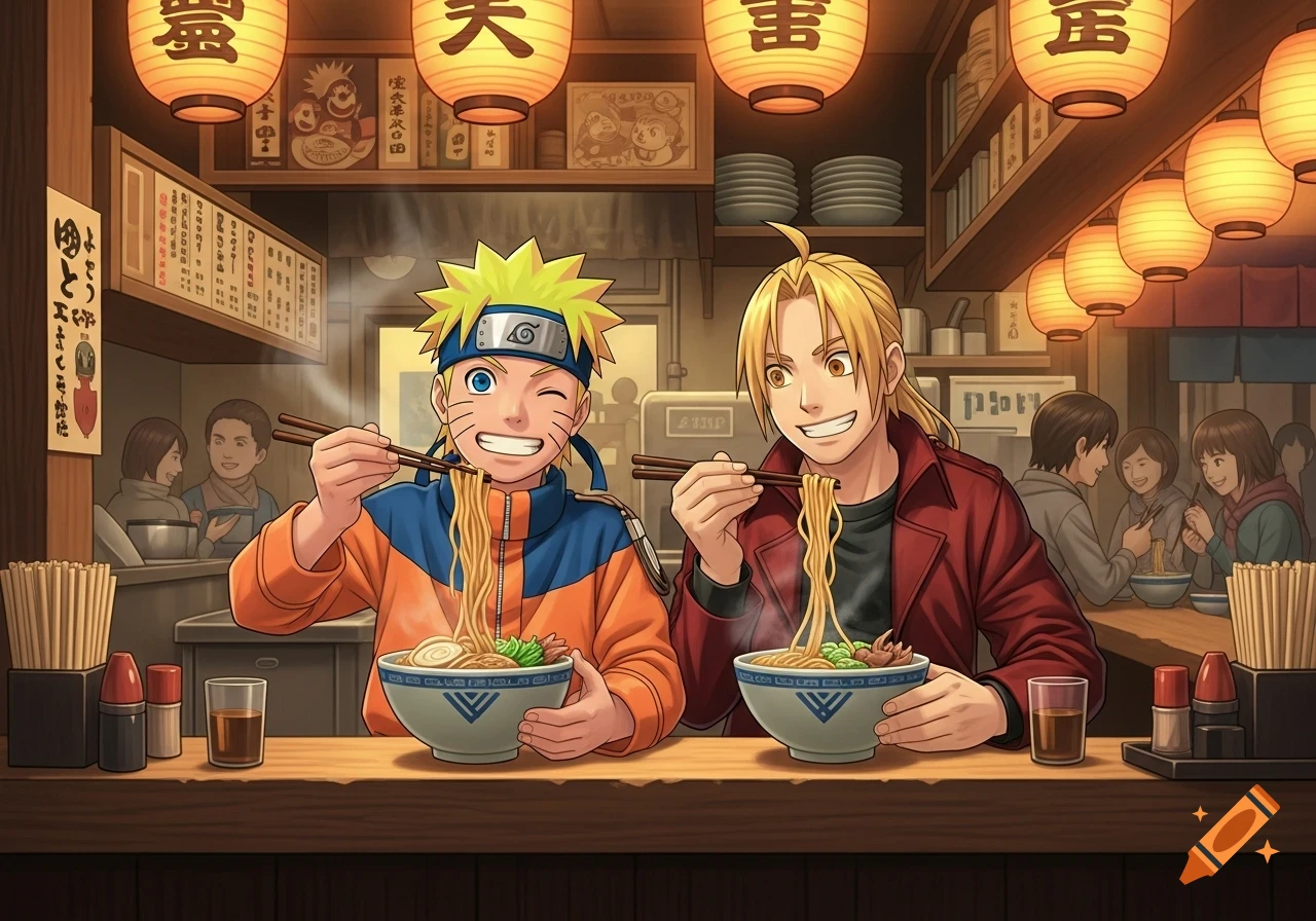 Anime characters Naruto and Edward Elric happily eating steaming ramen at a bustling Japanese ramen shop.