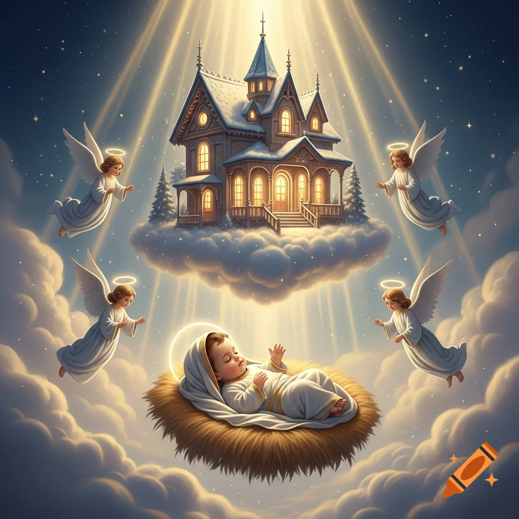 Baby Jesus sleeps in a manger on clouds, surrounded by four angels, beneath a glowing house floating in a starry sky with divine light.