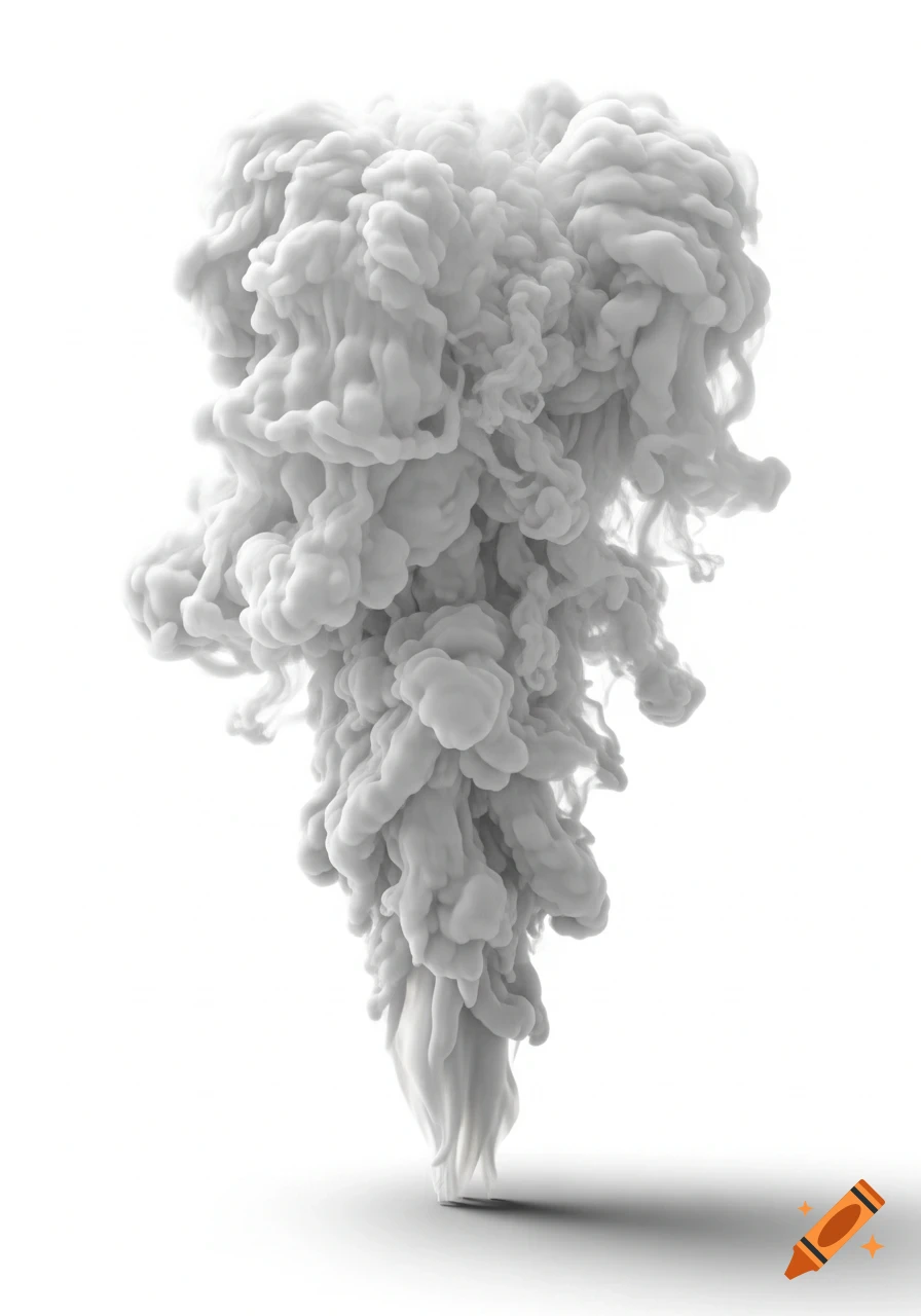 A tall, dense white smoke plume rises from a surface, isolated on a clean white background with subtle shadows.