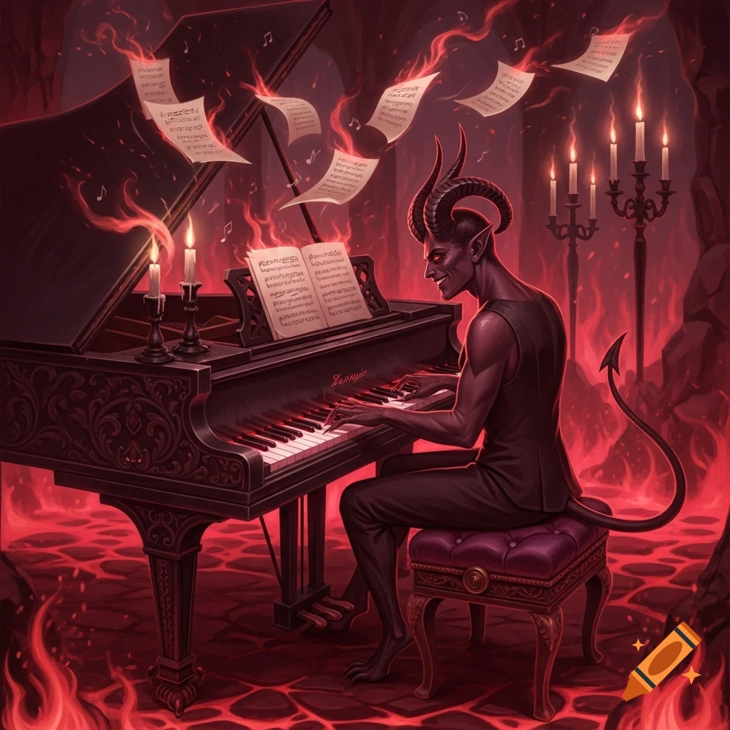 A smiling demon with horns and a tail plays a grand piano surrounded by flames and floating sheet music in a hellish setting.