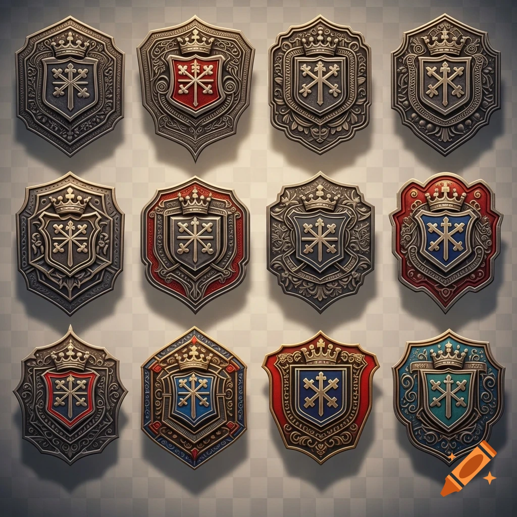Twelve ornate metallic heraldic badges with crowns and a central cross symbol, some featuring red, blue, or teal accents.