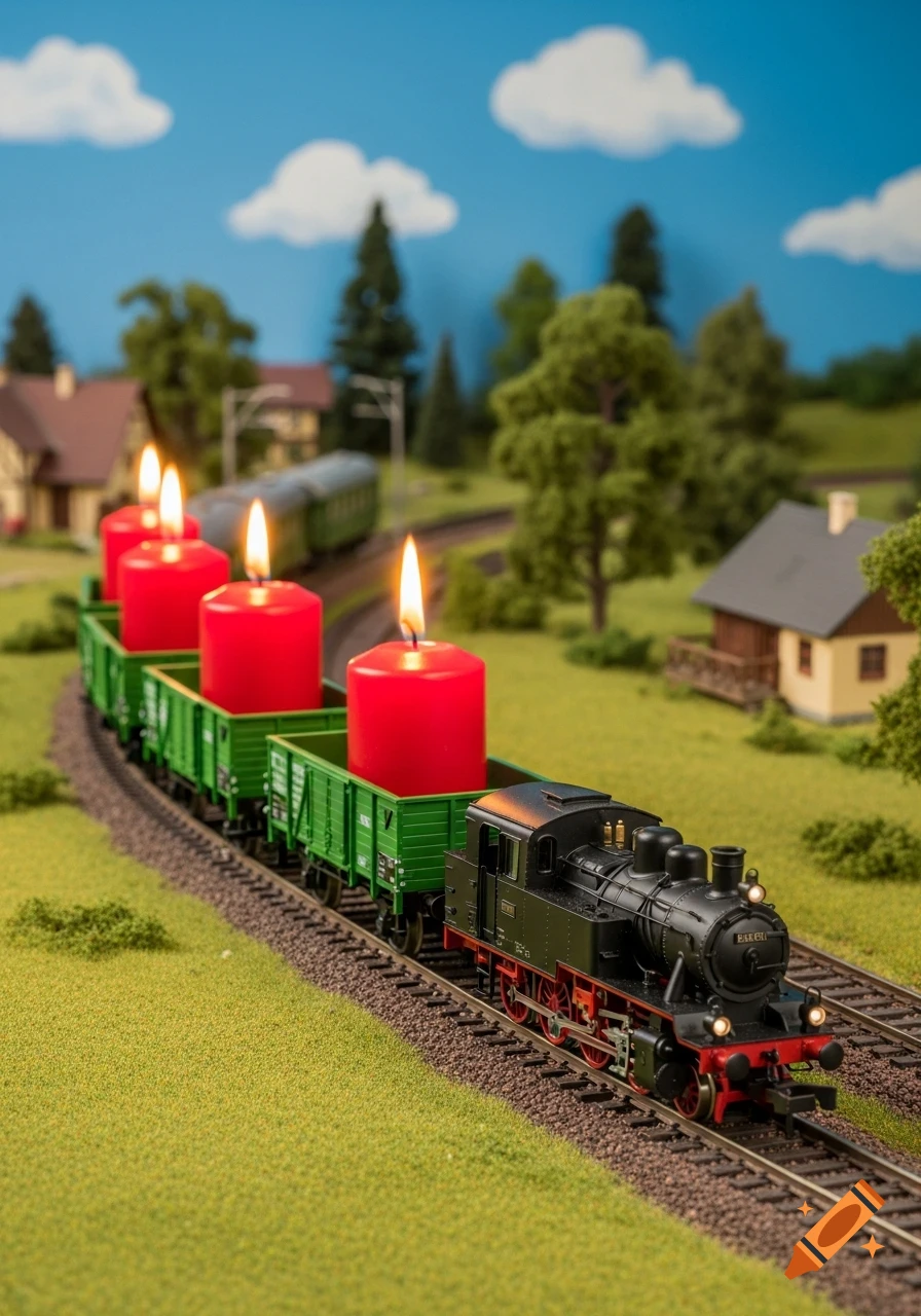 A black model train with green wagons carrying four red lit candles on a miniature railway layout with houses and trees.