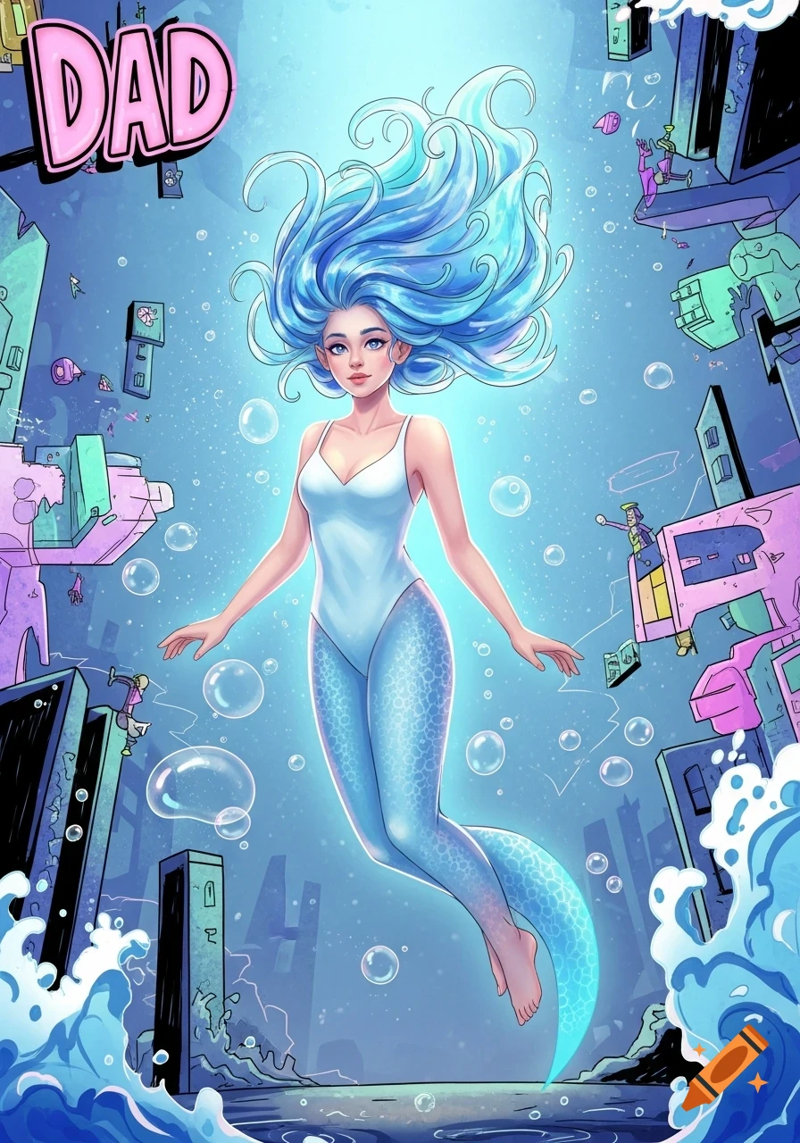 A blue-haired mermaid in a white swimsuit floats underwater among abstract city ruins, with 'DAD' text in an anime style.
