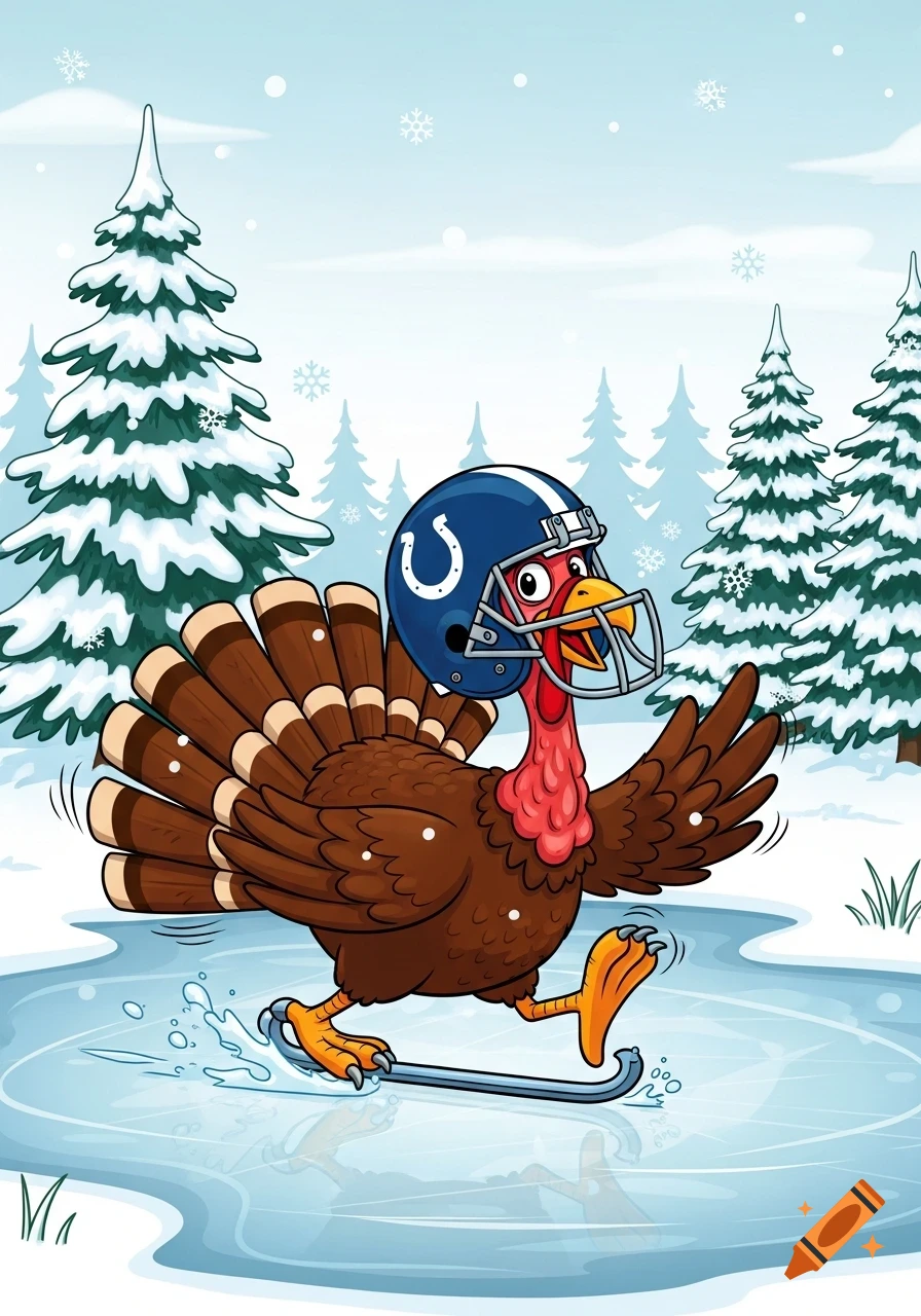 Cartoon turkey wearing an Indianapolis Colts football helmet while ice skating on a frozen pond in a snowy winter forest.