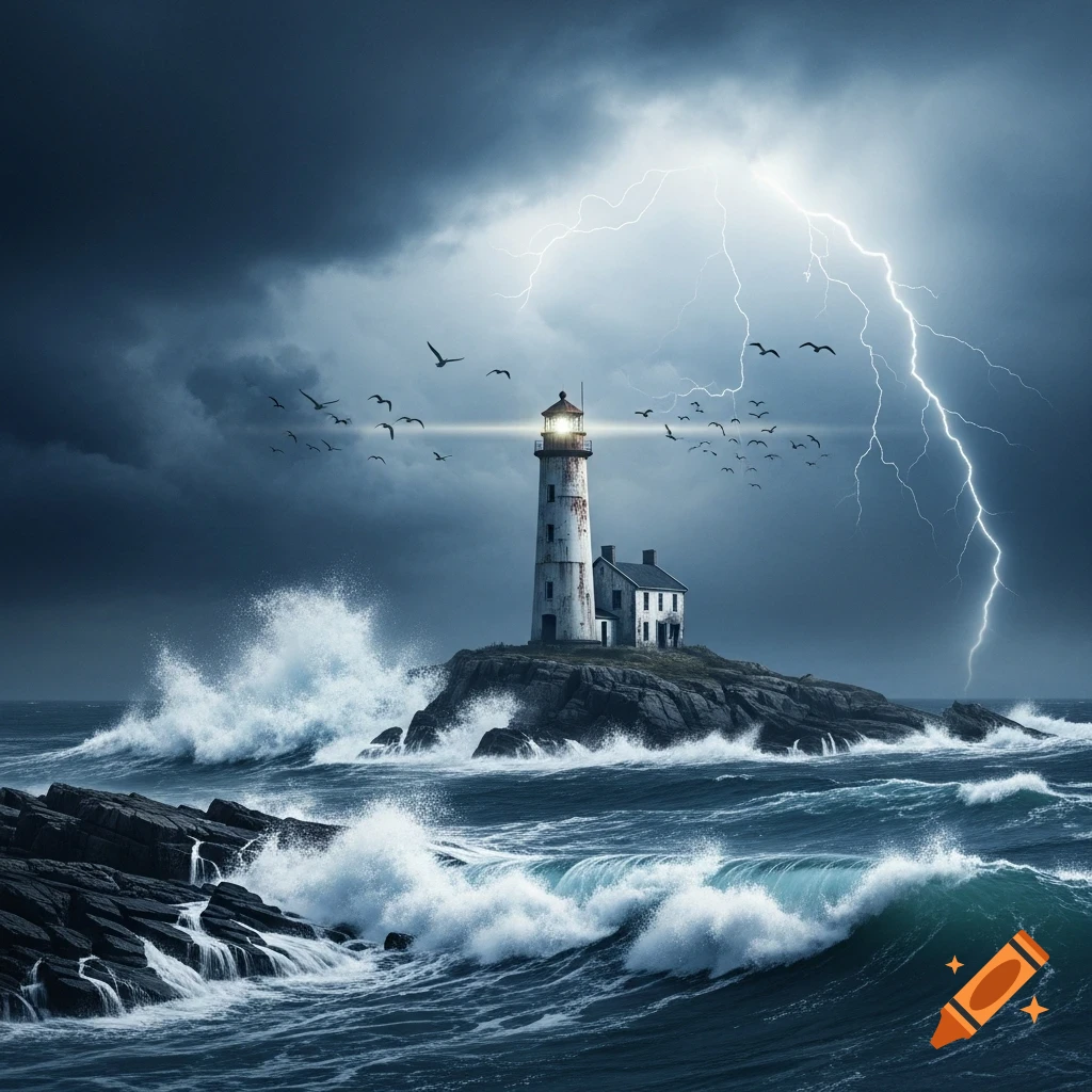 A lighthouse and house on a rocky island during a dramatic ocean storm with crashing waves and a lightning bolt. Photorealistic.