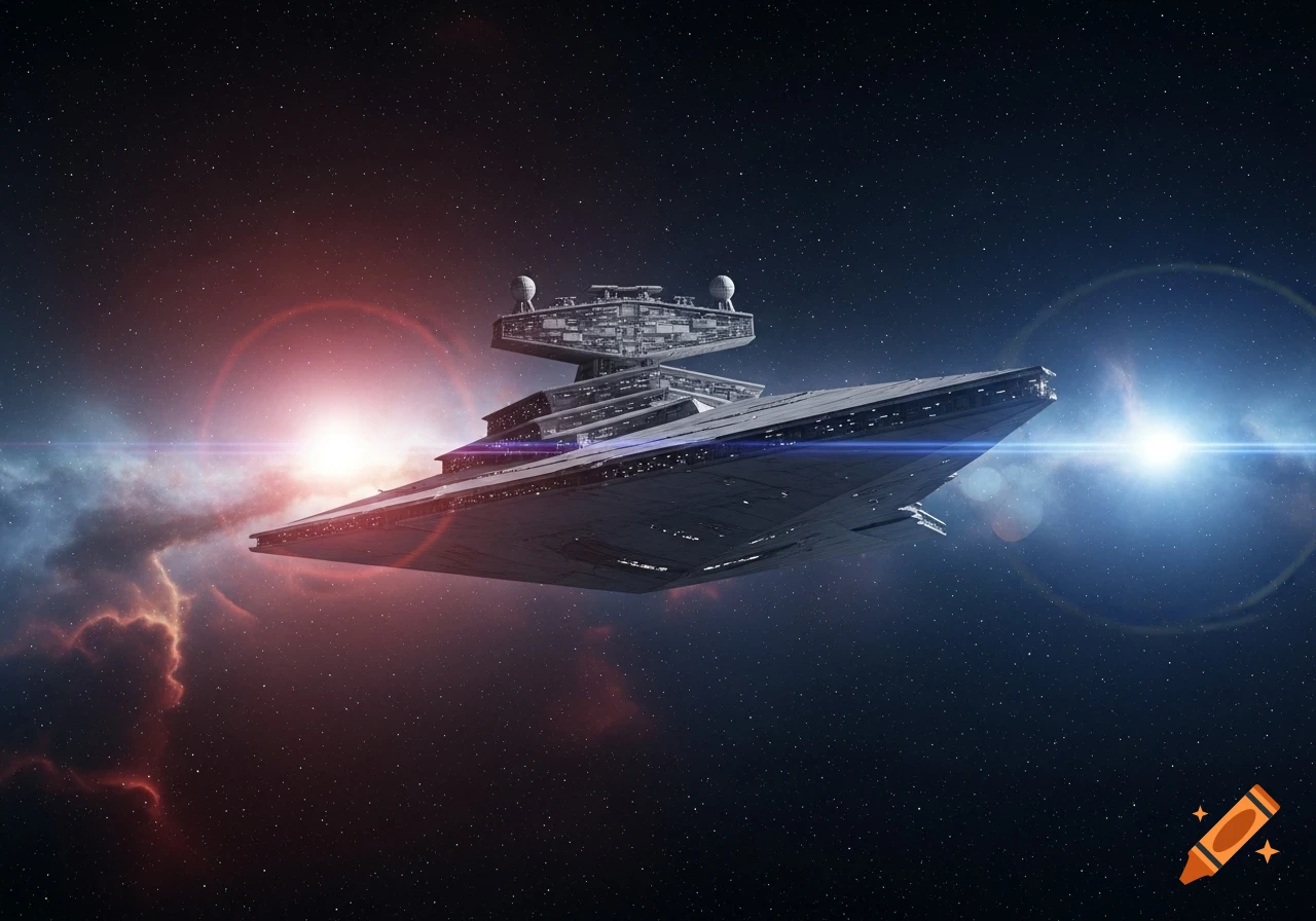 A large, grey Star Destroyer-like spaceship flies through deep space with bright lens flares and colorful nebulae.