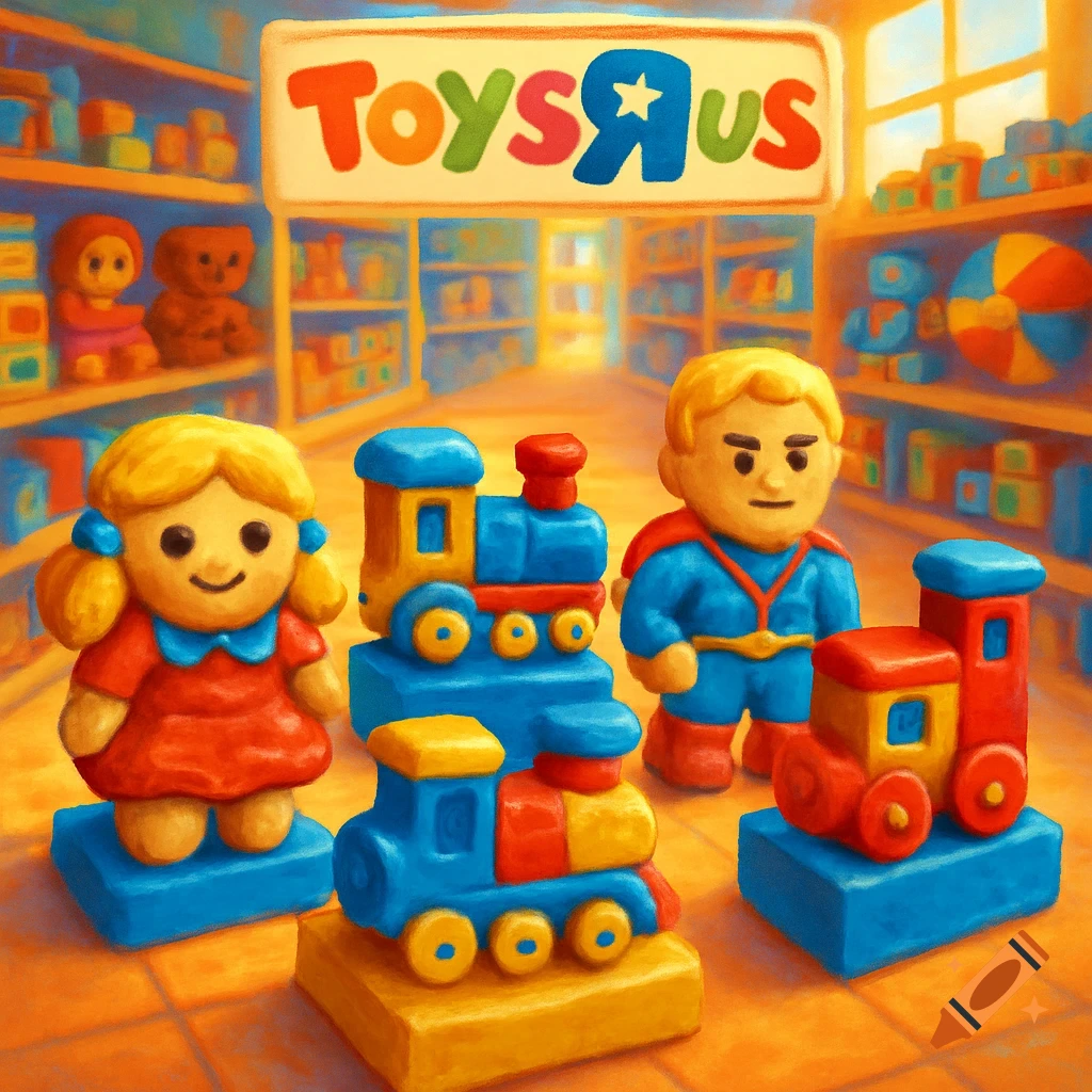 Stylized image of toy figures and trains on display in a colorful Toys R Us store, with a cookie-like texture.