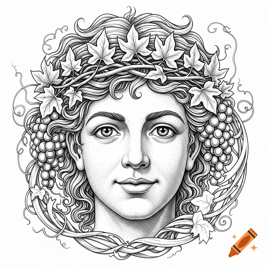 Black and white line art of a person's head, possibly Dionysus, with a crown of grapevines, leaves, and bunches of grapes.