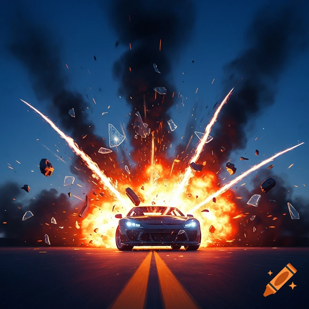 A dark car explodes on a road at night, engulfed in bright orange flames, smoke, and flying debris, with glowing road lines.