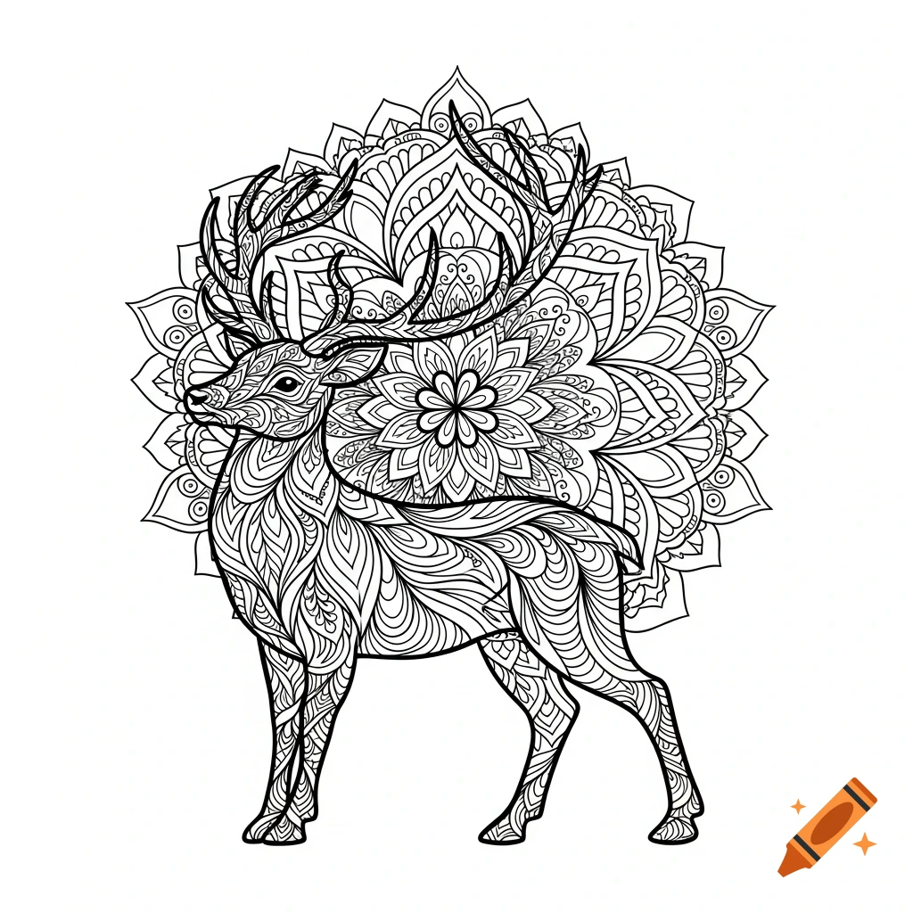 Black and white line art of a deer with intricate mandala patterns on its body and behind it.