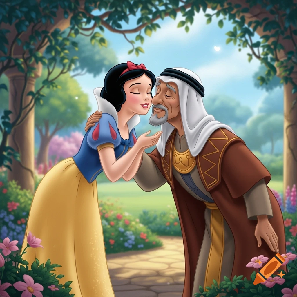 Disney-style Snow White in a garden, leaning to kiss an old man wearing traditional Arab clothing.