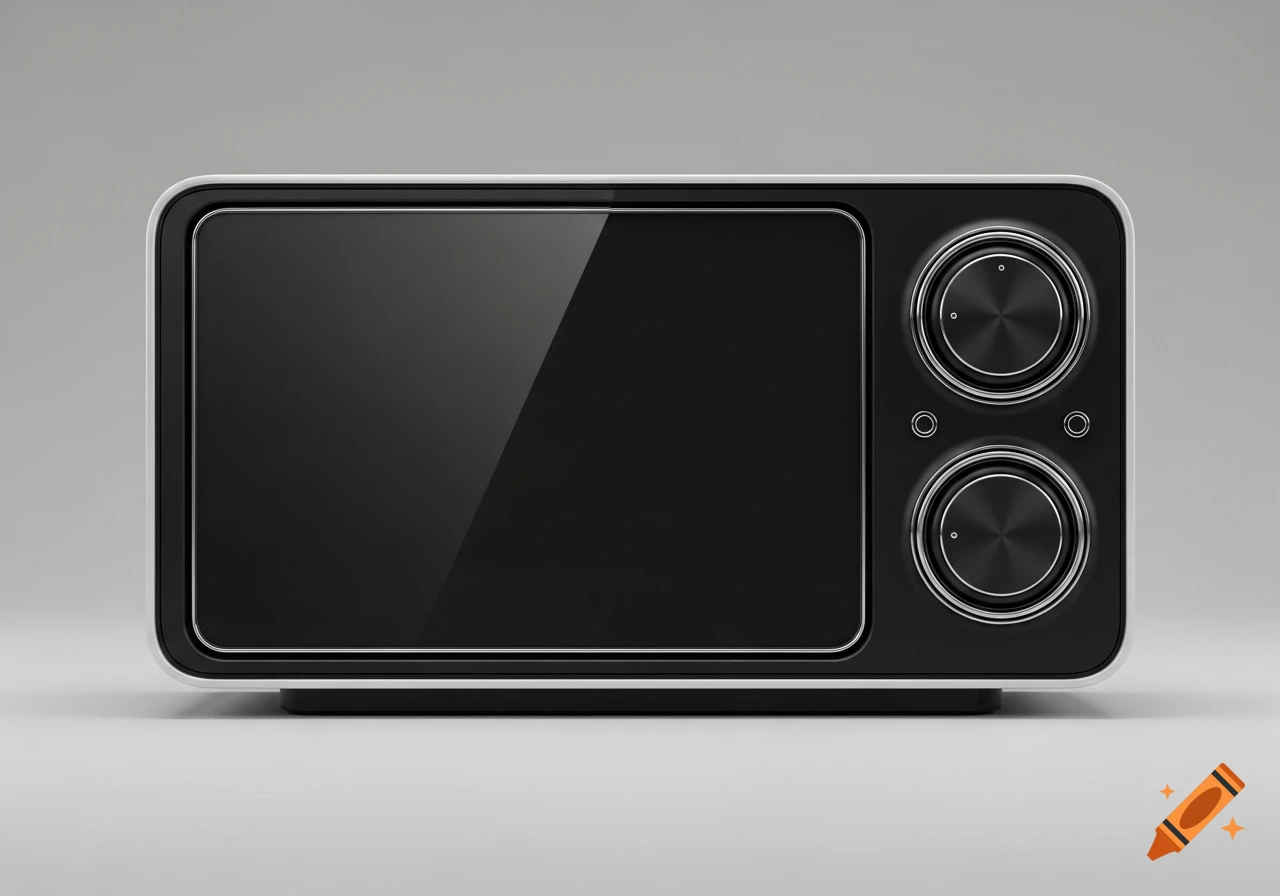 A modern black TV with a dark screen and two large silver and black round dials on the right side, on a light gray background.