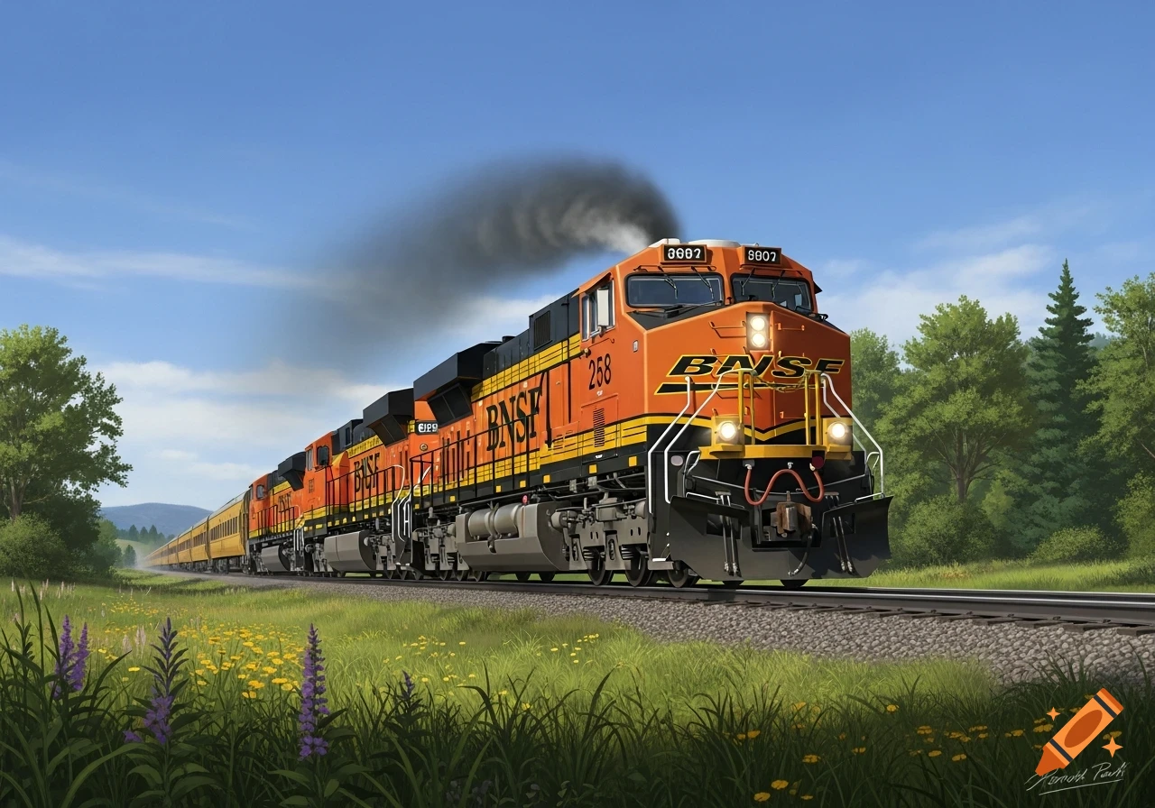 A vibrant orange BNSF train with yellow accents travels through a lush green field under a blue sky.