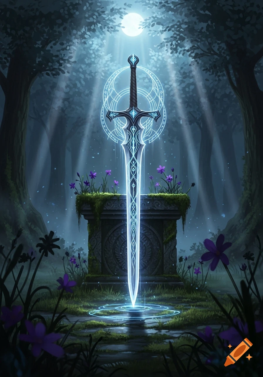 A glowing, ornate magical sword stands upright in an ancient forest clearing bathed in moonlight, surrounded by small purple flowers in an illustrative fantasy style.