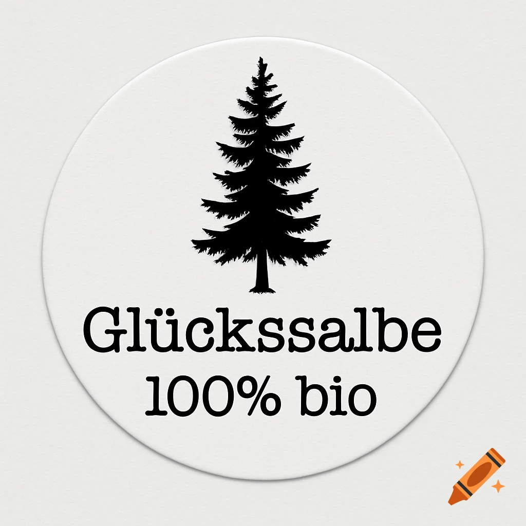 White circular label with a black pine tree silhouette and the text 'Glückssalbe 100% bio' in a vintage typewriter font.