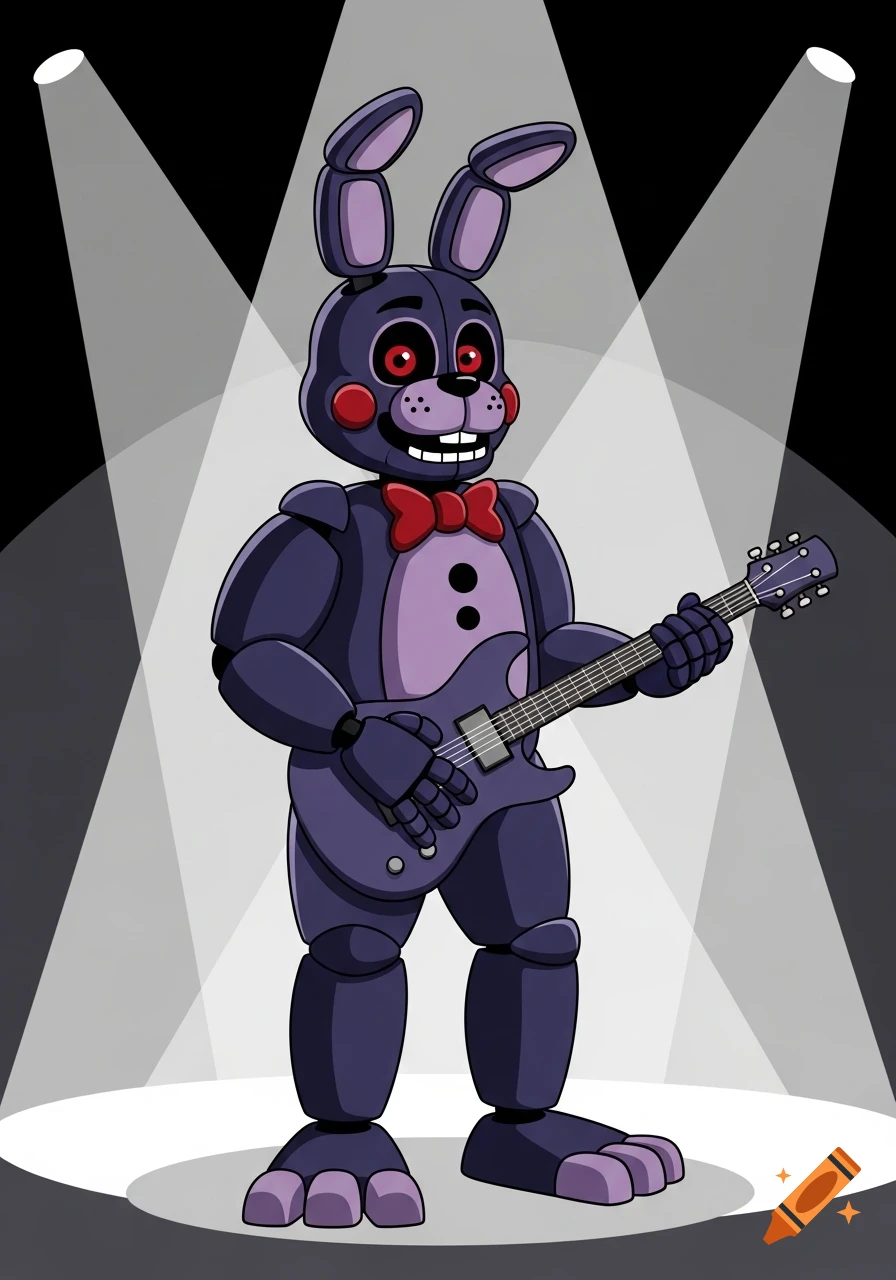 A purple animatronic rabbit named Bonnie from FNAF, with red eyes and a red bow tie, stands under two spotlights, holding a purple electric guitar in an illustration.