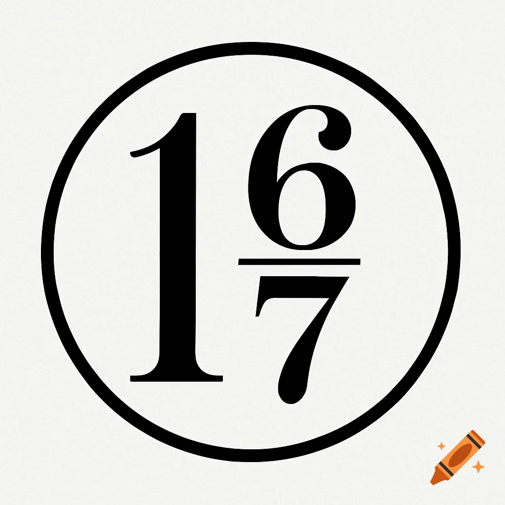 A black circle logo on a white background containing the number 1 and the fraction 6/7, styled with elegant serifs.