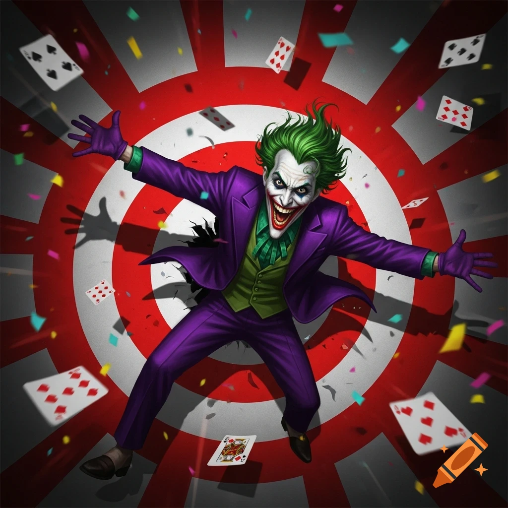 The Joker with a maniacal laugh, in a purple suit and green hair, bursts from a red and white target, surrounded by playing cards and confetti.