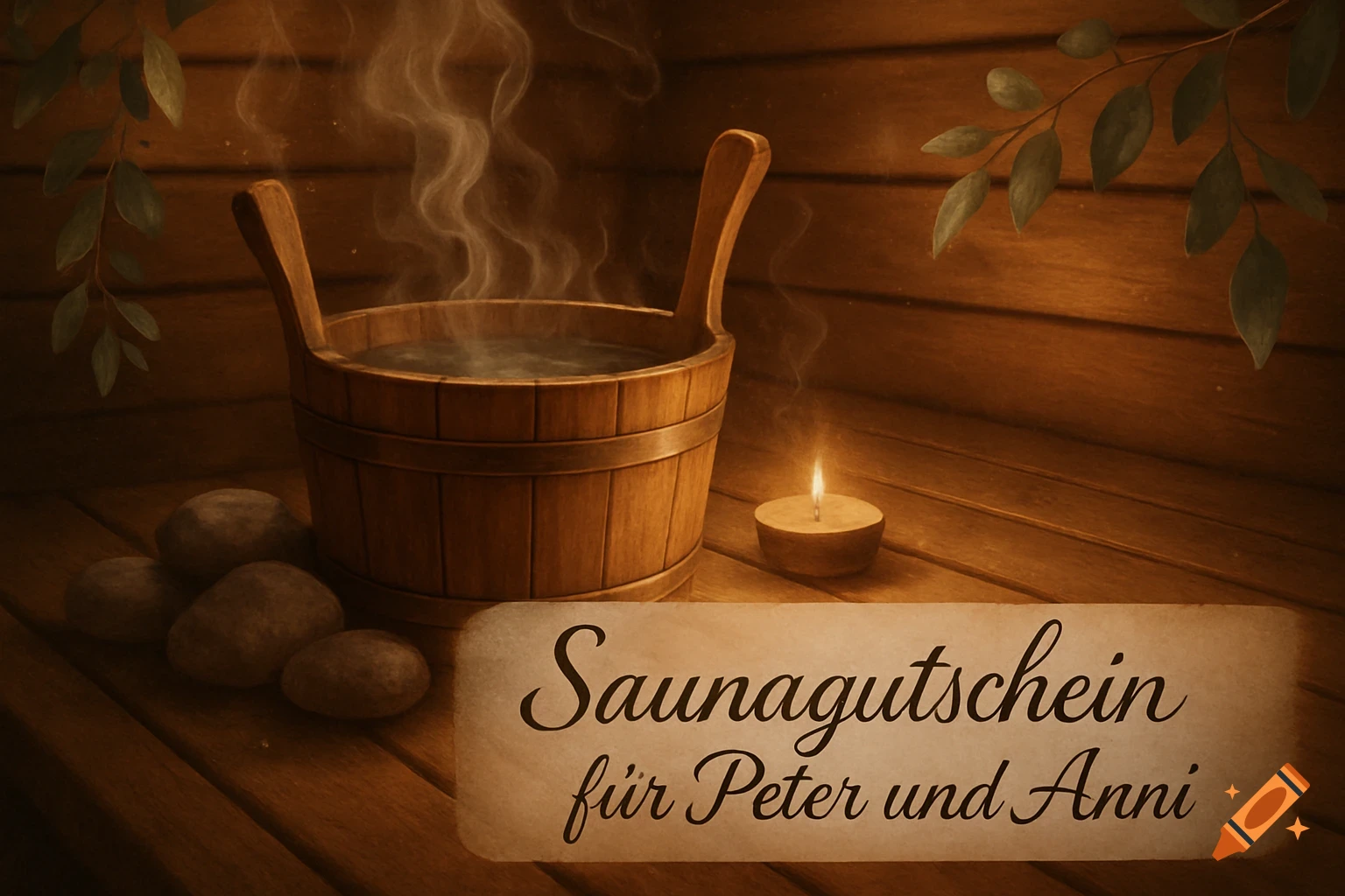 A steaming wooden sauna bucket, rocks, and a lit candle next to a 'Saunagutschein' sign in a warm wooden room.