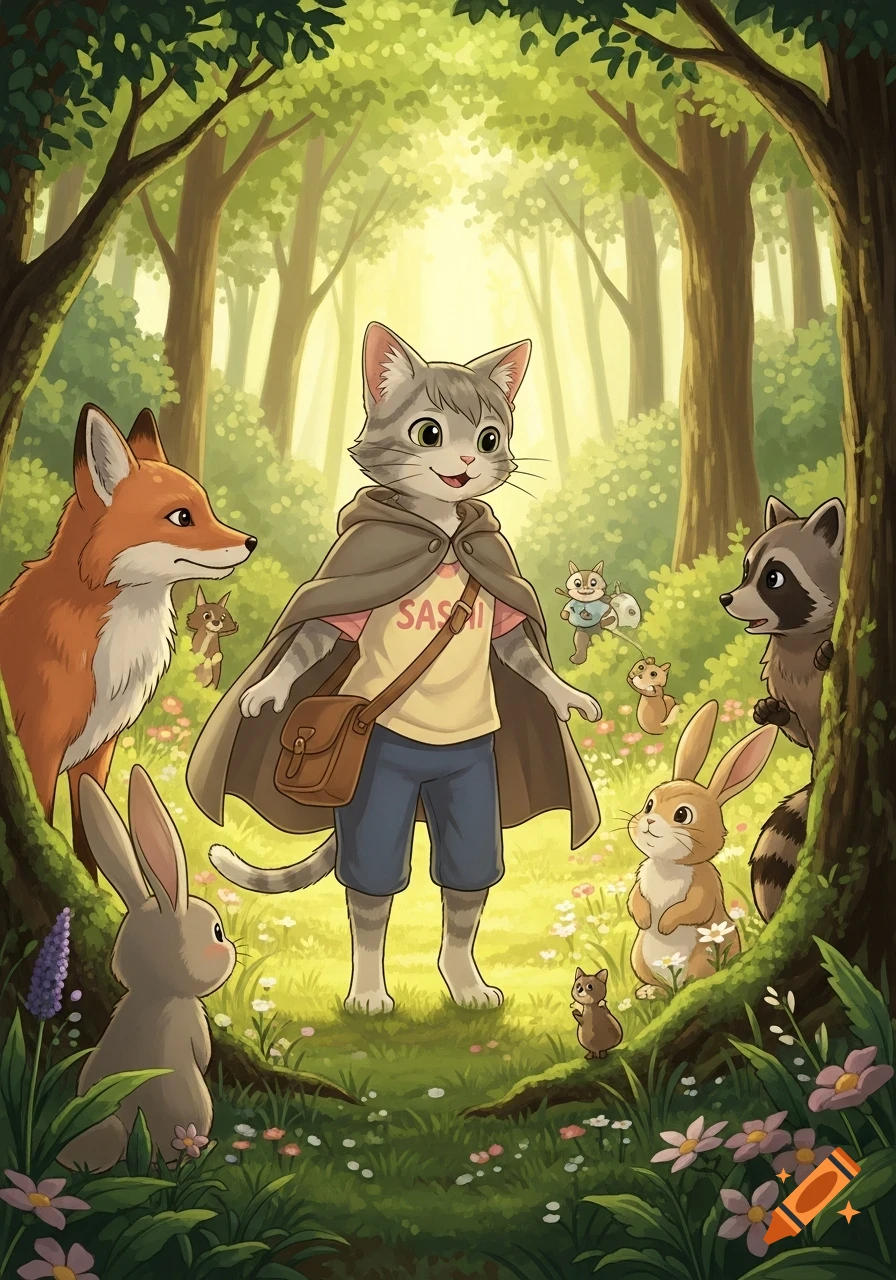 Ghibli-style illustration of an anthropomorphic cat in a cloak and satchel surrounded by animal friends including a fox, rabbits, and a raccoon in a sunny magical forest.