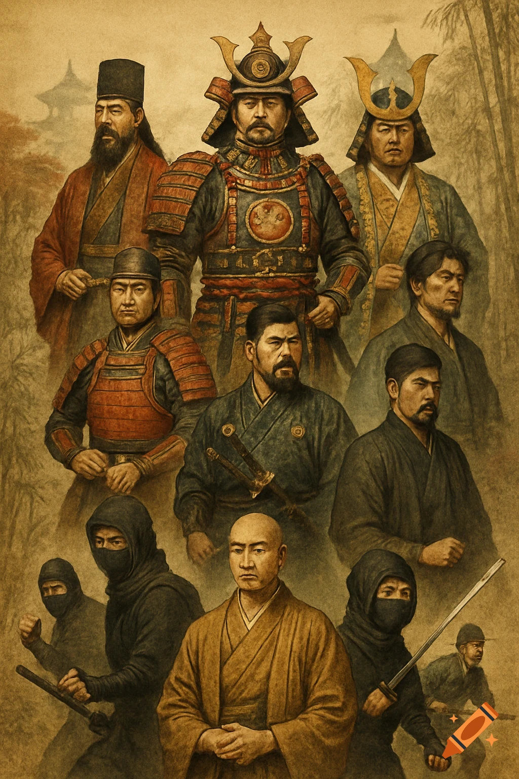 A collage of historical Japanese figures including samurai, ninja, and monks, rendered in a vintage painting style.