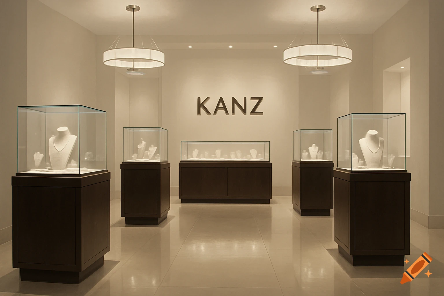 Modern jewelry store interior with dark chocolate displays and light walls, featuring two large round chandeliers.