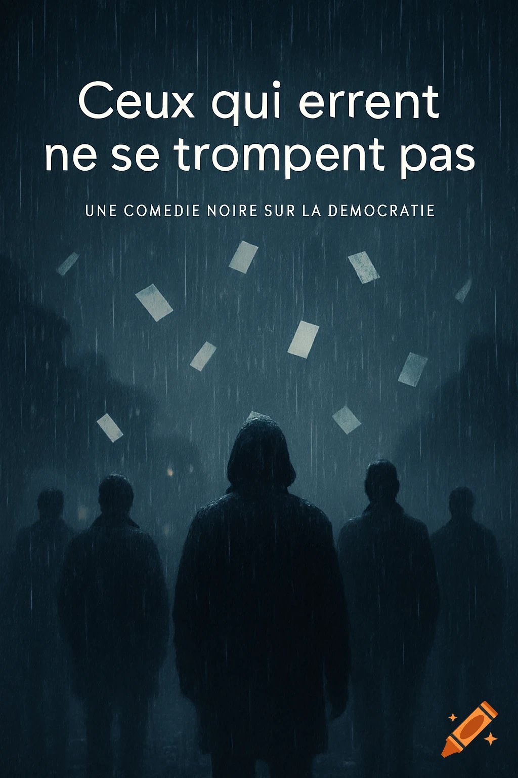 A dark theatrical poster showing silhouettes of people in heavy rain, with white paper ballots floating, and French text.
