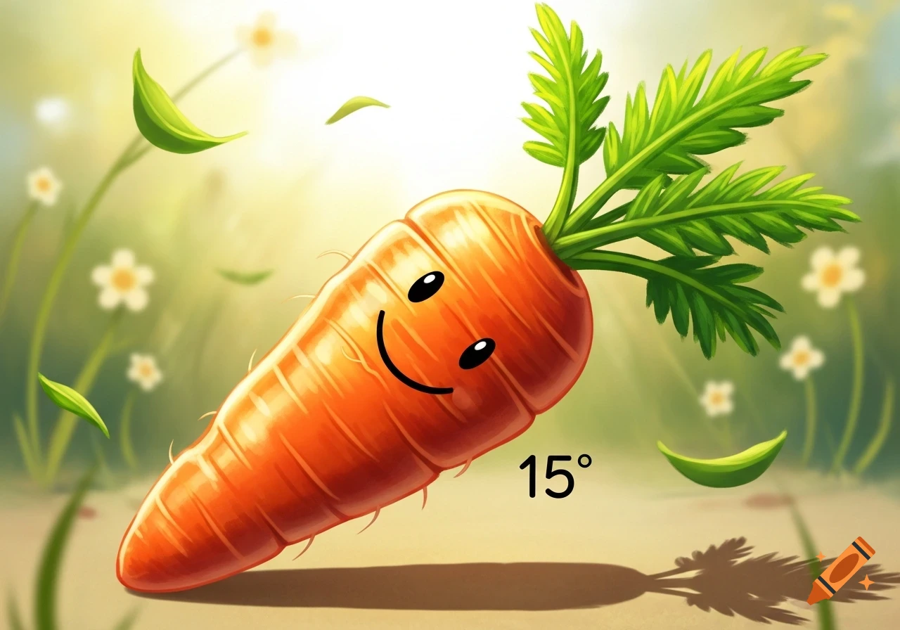 A happy cartoon carrot with a smiley face and the text "150" is in a sunny, green field with white flowers and floating leaves.
