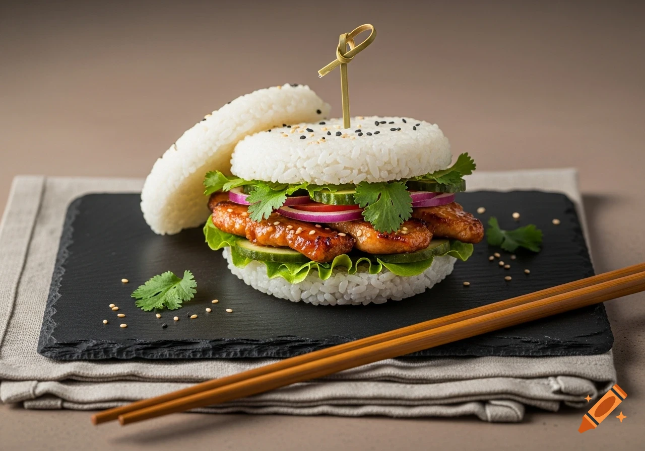 Photorealistic close-up of a rice burger with grilled chicken, fresh vegetables, sesame seeds, and chopsticks on a black slate plate.