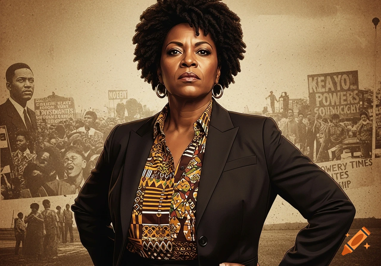 A confident Black woman with afro hair in a blazer and patterned shirt stands against a sepia-toned background of historical protests and figures.