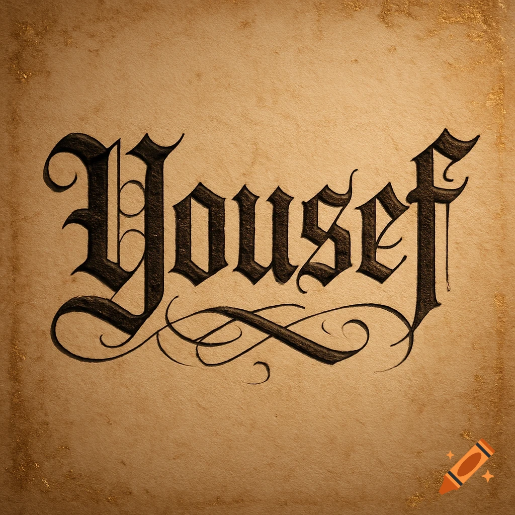 The name Yousef written in blackletter calligraphy with decorative swashes on aged, textured paper.