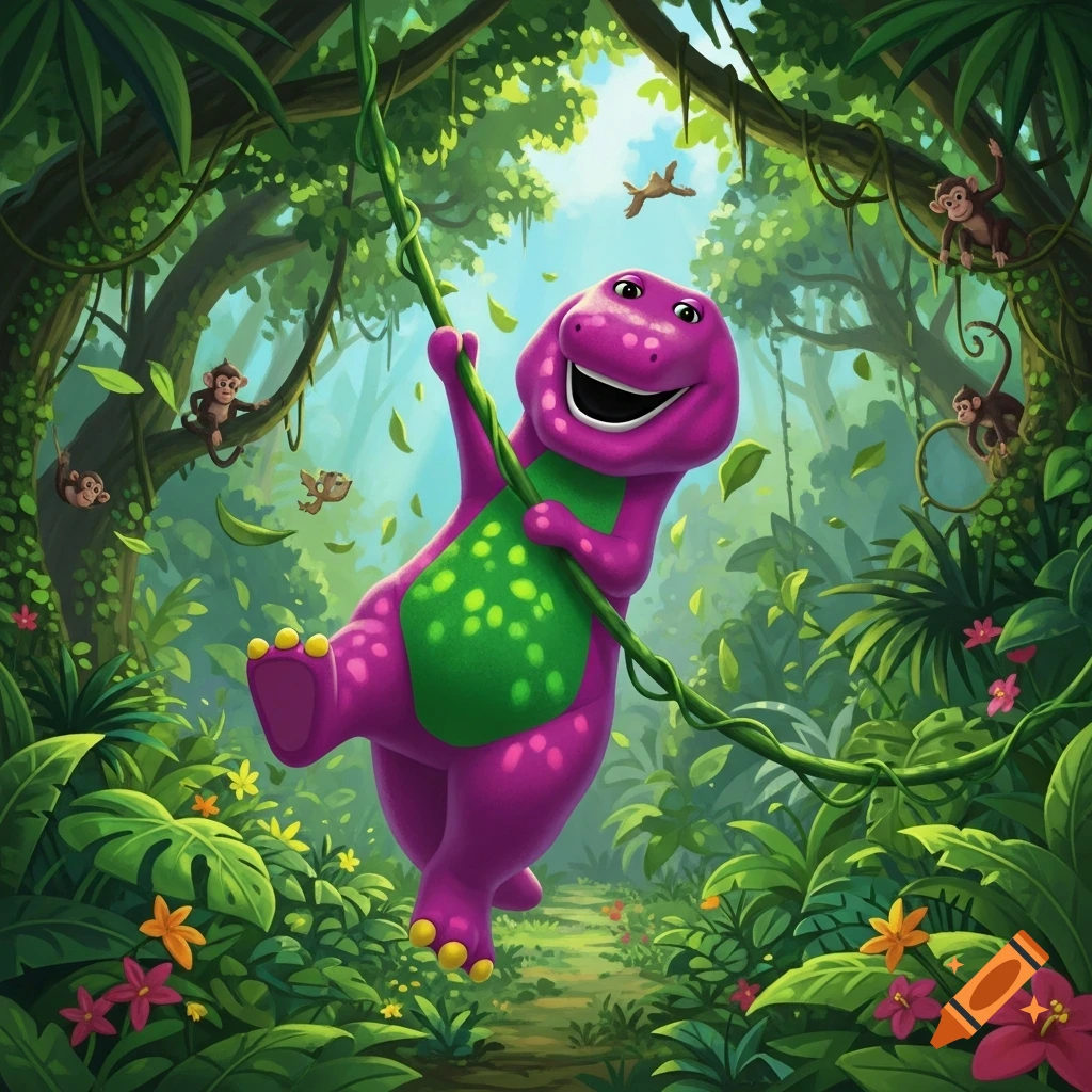 Barney the purple dinosaur joyfully swings on a green vine in a lush jungle with monkeys.