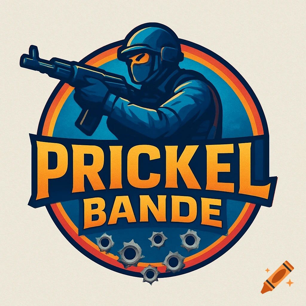 A stylized blue and orange logo featuring a masked counter-terrorist holding a rifle, with 'PRICKEL BANDE' text and bullet holes.