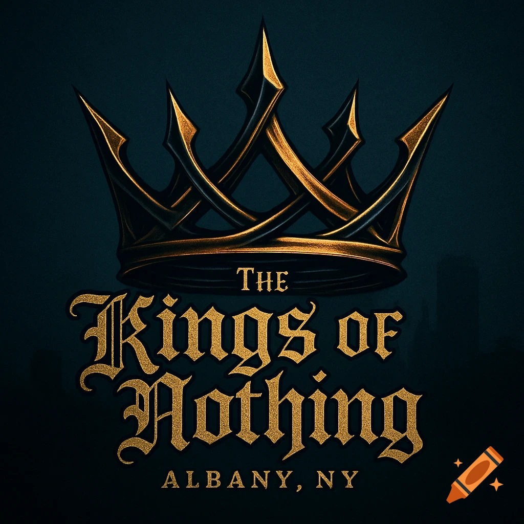 A stylized gold and black crown above the text "THE Kings OF Nothing ALBANY, NY" on a dark teal background.