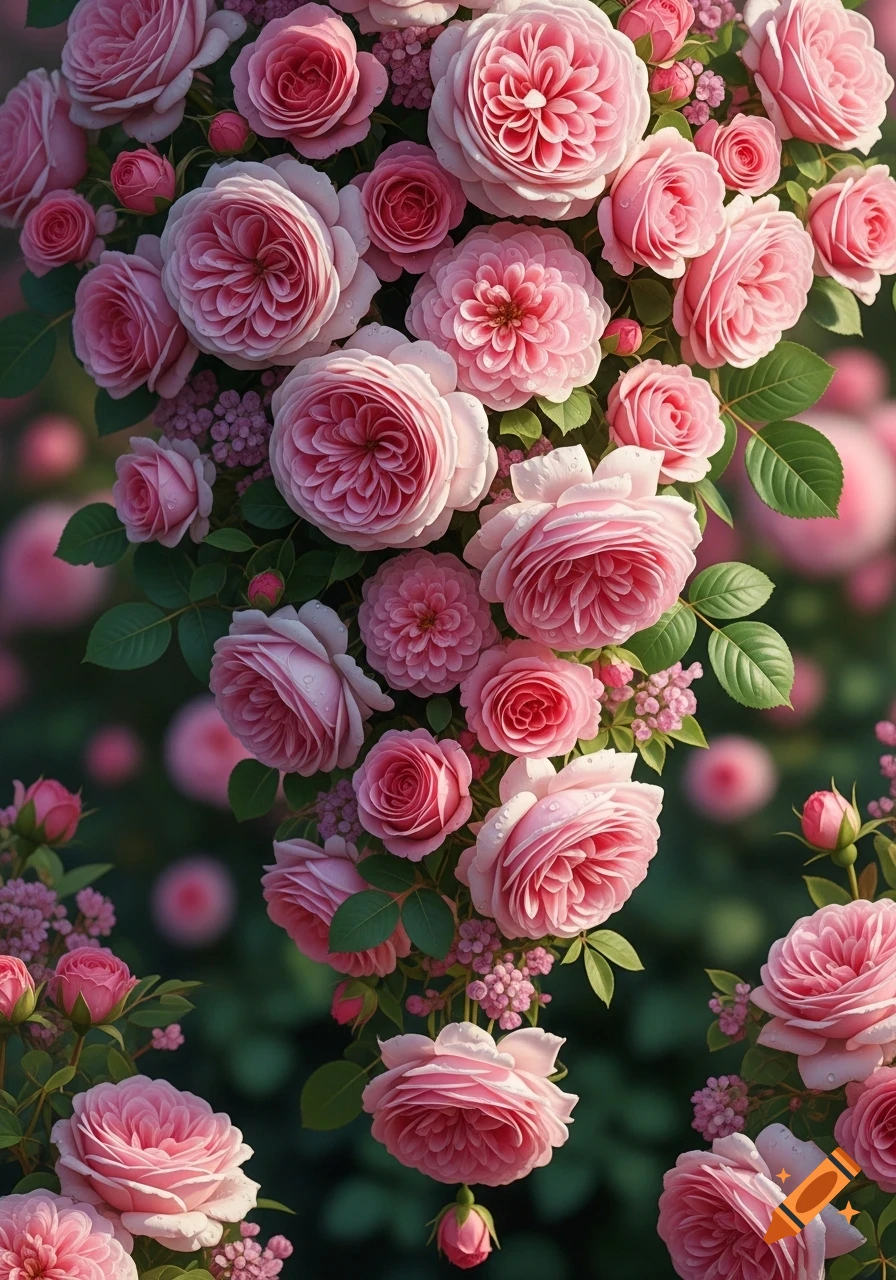Close-up photorealistic view of a cascade of pink roses, varying in bloom from tight buds to full, lush blossoms, with green leaves.