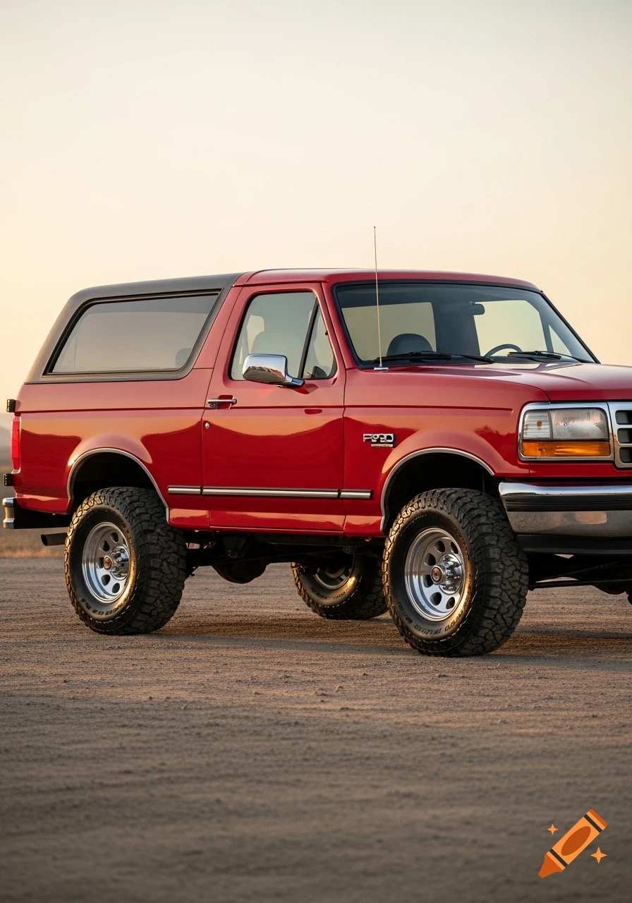 A red 1990s Ford Bronco with a black hardtop and lift kit, parked on a dirt road at sunset.