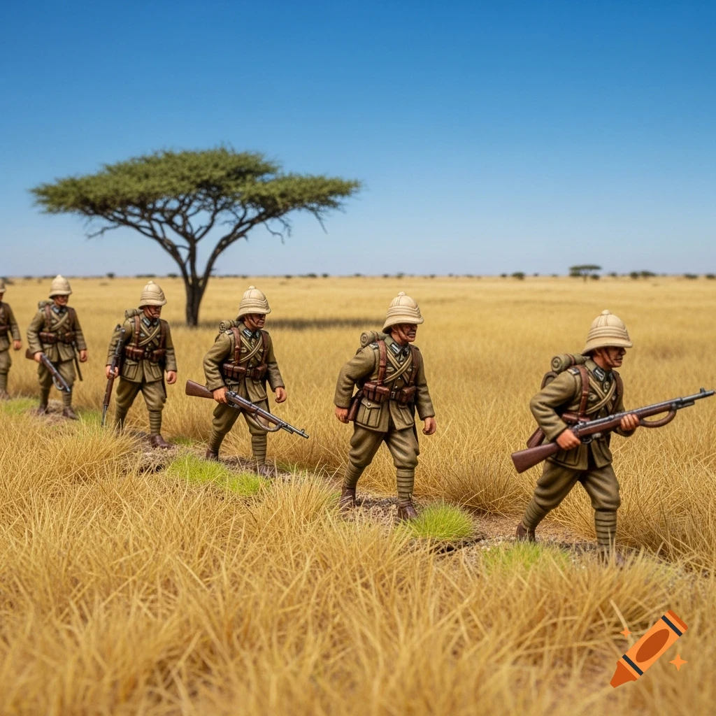 Model kit style depiction of Schutztruppe soldiers marching in a line through a dry savannah with an acacia tree.