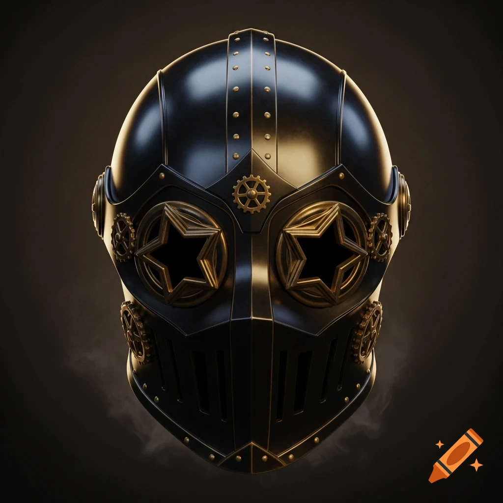 A black steampunk knight's helmet with gold accents and star-shaped eye slots on a dark background.