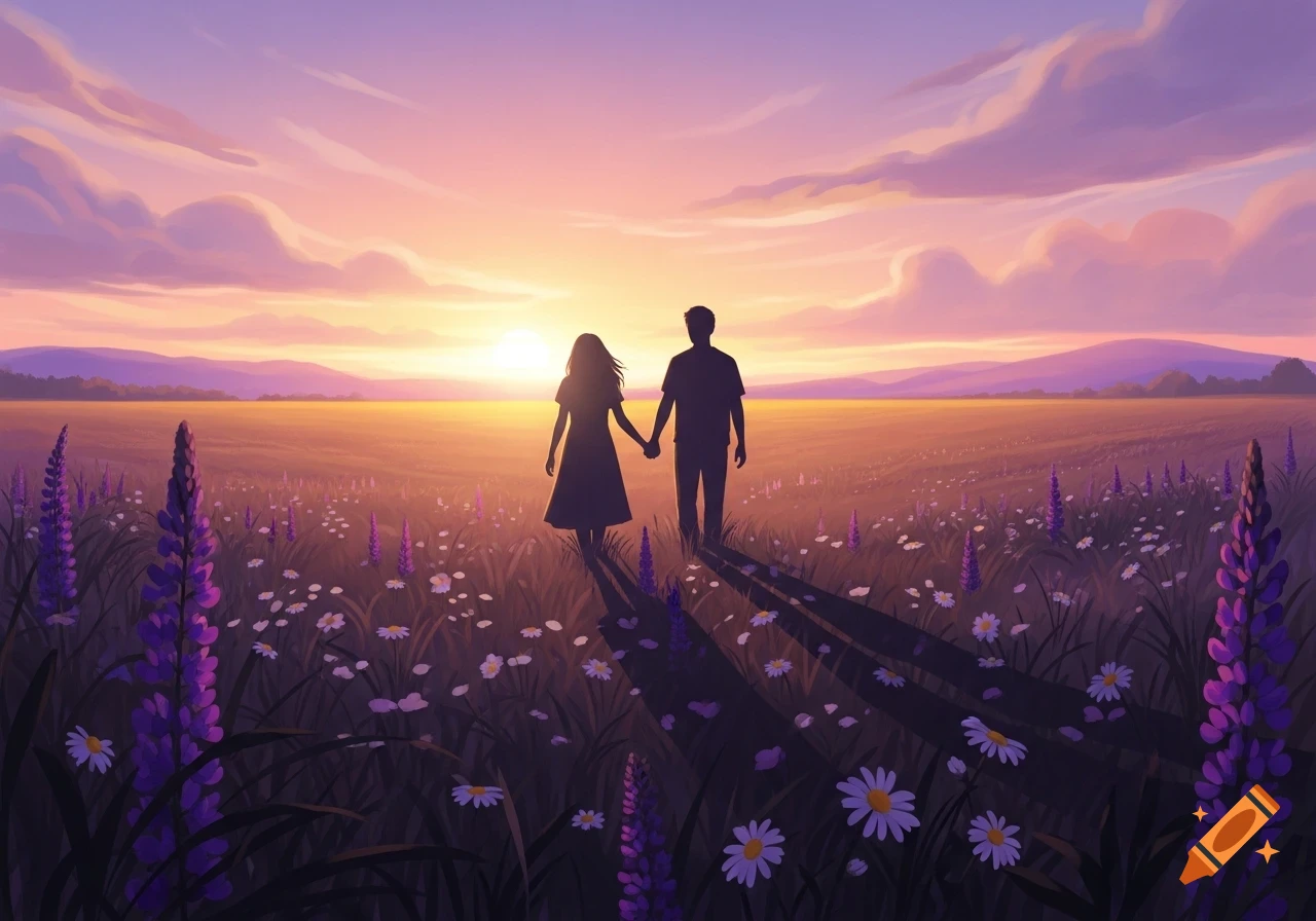 Silhouetted couple holding hands in a field of flowers at sunset, in an ...