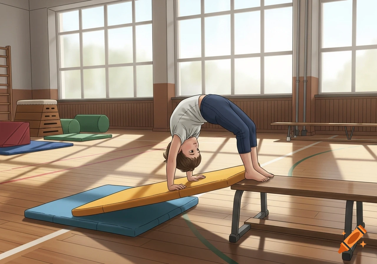 Anime style illustration of a child doing a bridge pose on a mat and bench in a school gym.