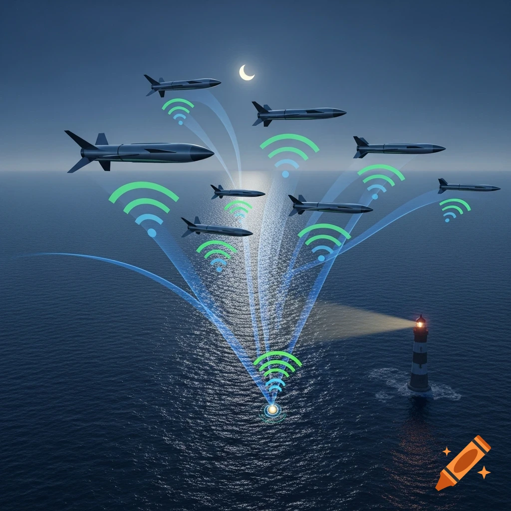 Guided missiles communicate wirelessly as they fly over the ocean towards a lighthouse at night.