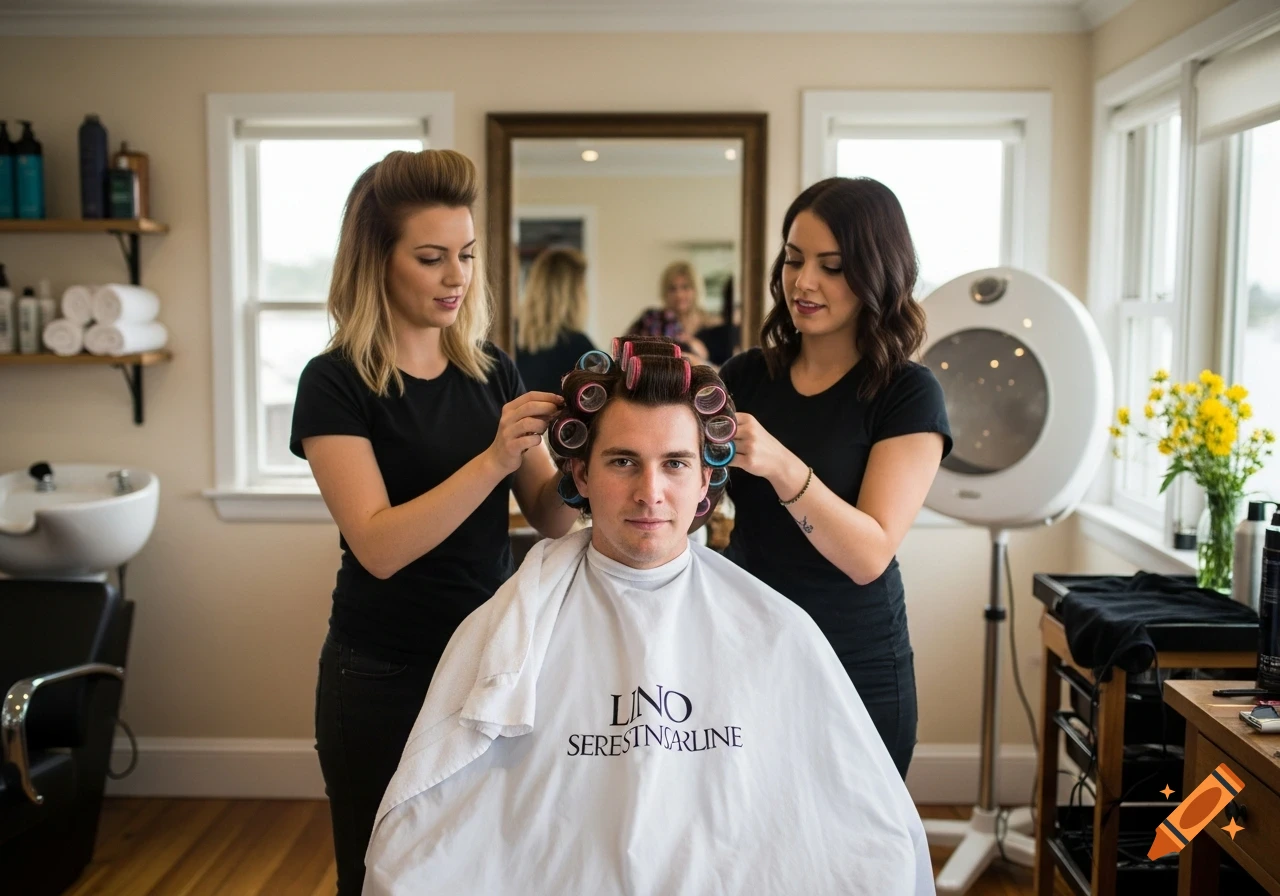Two female stylists place rollers in a man's hair at a brightly lit salon, photorealistic.